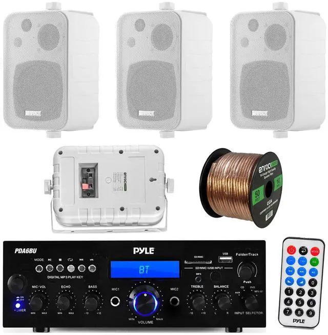 Main image of PDA6BU 200-Watt 2-Channel Digital USB/AUX FM Radio Stereo Amplifier Receiver, Bundle Combo With 4x Enrock EKMR408W 4" Inch 200-Watt 3-Way White Box Speakers, 50 Feet 16-Gauge Speaker Wire
