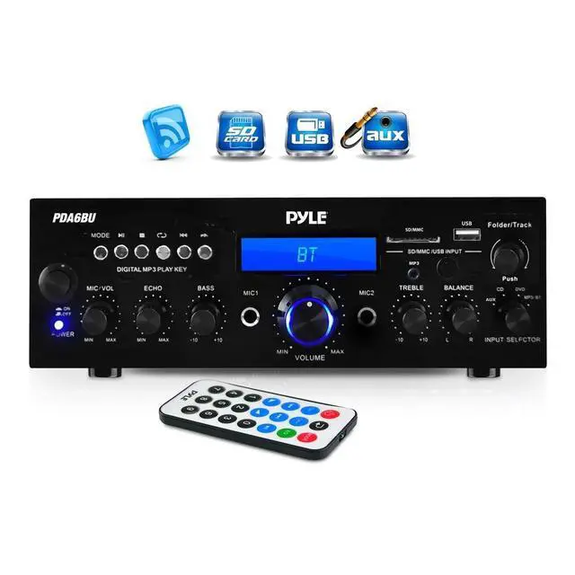 Alt view image 2 of 6 - PDA6BU 200-Watt 2-Channel Digital USB/AUX FM Radio Stereo Amplifier Receiver, Bundle Combo With 4x Enrock EKMR408W 4" Inch 200-Watt 3-Way White Box Speakers, 50 Feet 16-Gauge Speaker Wire