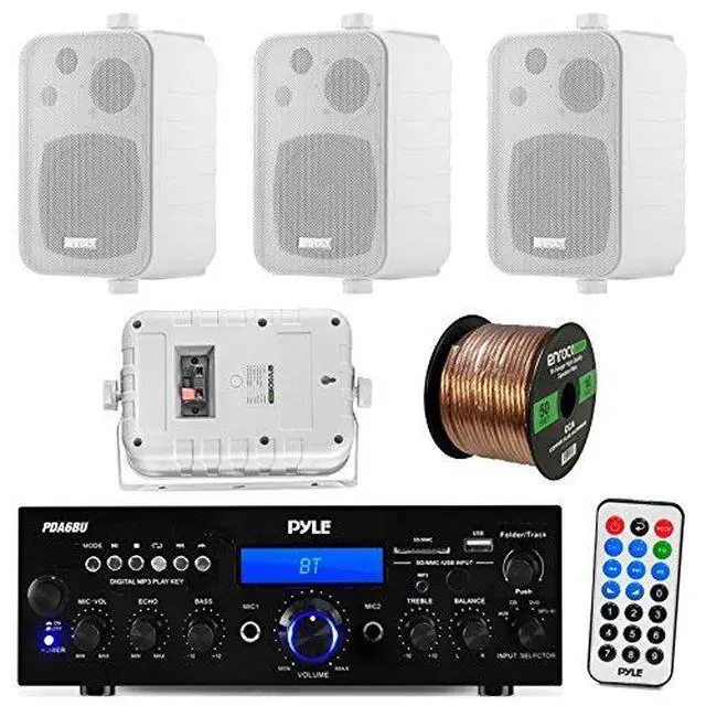 Alt view image 6 of 6 - PDA6BU 200-Watt 2-Channel Digital USB/AUX FM Radio Stereo Amplifier Receiver, Bundle Combo With 4x Enrock EKMR408W 4" Inch 200-Watt 3-Way White Box Speakers, 50 Feet 16-Gauge Speaker Wire