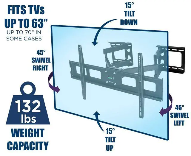 Alt view image 3 of 7 - Corner TV Mount, 37-63", 132 lbs, Black | Premium swivel full motion caddy corner wall bracket for flat panel screens, VESA up to 800x400