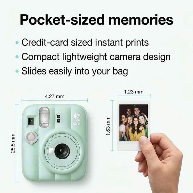 Alt view image 5 of 7 - Instax Mini 13 Green Instant Camera with 20-Sheet Film Set | Includes Instax Mini 13 camera, 20-sheet film, carrying case, photo album, color filters, and assorted photo frames
