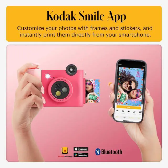 Alt view image 3 of 7 - Smile+ 2-in-1 Digital Instant Print Camera & Printer Gift Bundle + Case + Zink 2x3 Sticky Back Photo Paper 20pk + Album + Sticker Sets + Sticker Frames + Hanging Frames + Markers - Fuchsia