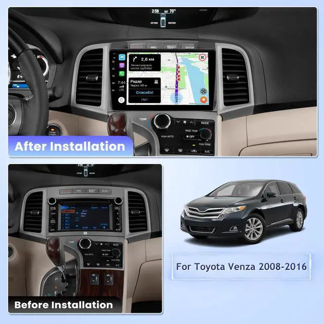 Alt view image 2 of 7 - 4+64GB Car Radio for Toyota Venza 2008 2009 2010 2011 2012 2013 2014 2015 2016 with Wireless Carplay Android Auto, Screen for Venza BT 32EQ DSP, GPS, WiFi, SWC, Mic, Backup Cam