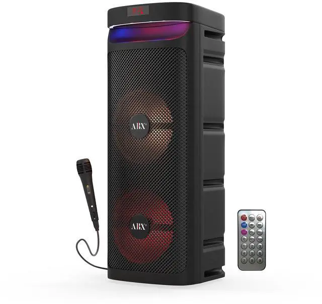 Main image of Large Bluetooth Party Speaker with Microphone, Dual 10" Woofers | Piezo Tweeter, LED Woofer Lights, USB, TF, FM & AUX Inputs, 1800mAh Rechargeable Battery, Remote Control Included