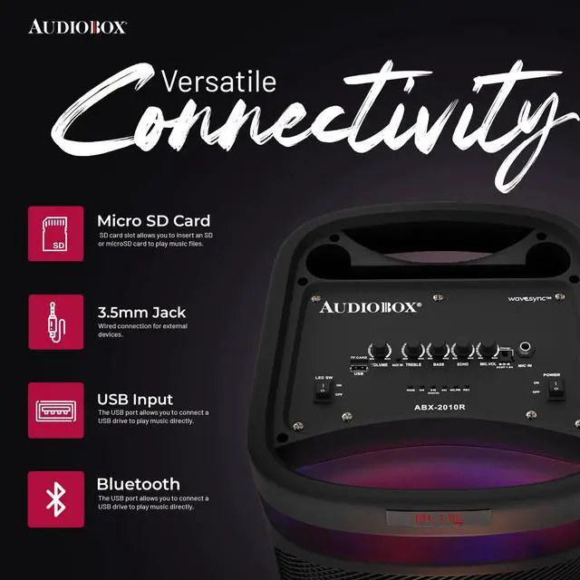 Alt view image 3 of 7 - Large Bluetooth Party Speaker with Microphone, Dual 10" Woofers | Piezo Tweeter, LED Woofer Lights, USB, TF, FM & AUX Inputs, 1800mAh Rechargeable Battery, Remote Control Included