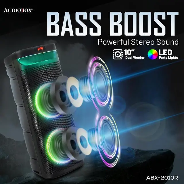 Alt view image 4 of 7 - Large Bluetooth Party Speaker with Microphone, Dual 10" Woofers | Piezo Tweeter, LED Woofer Lights, USB, TF, FM & AUX Inputs, 1800mAh Rechargeable Battery, Remote Control Included