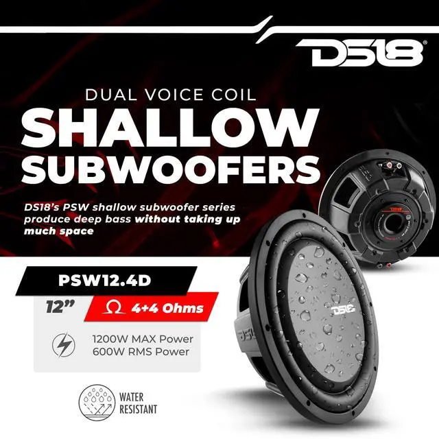Alt view image 2 of 7 - PSW12.4D 12" Shallow Mount Subwoofer 1200 Watts Max Power 600 Watts RMS Dual Voice Coil 4+4 OHMS Water Resistant - Best Sub for Tight Spaces in Car & Trucks - 1 Speaker