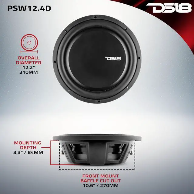 Alt view image 4 of 7 - PSW12.4D 12" Shallow Mount Subwoofer 1200 Watts Max Power 600 Watts RMS Dual Voice Coil 4+4 OHMS Water Resistant - Best Sub for Tight Spaces in Car & Trucks - 1 Speaker
