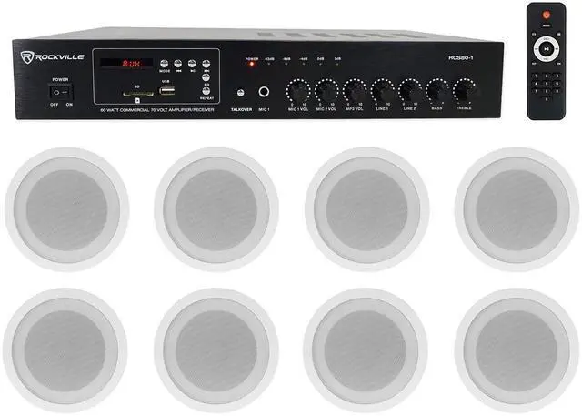 Main image of RCS80-1 70V Commercial Amp Bundle with 8 CCL5T White Speakers | 60W RMS, 5" Ceiling, Adjustable Tap 5W/2.5W/1.25W, Bluetooth, USB/SD, 2 Mic Inputs, FM, Rack Mount, Restaurant/Bar, 9-Items