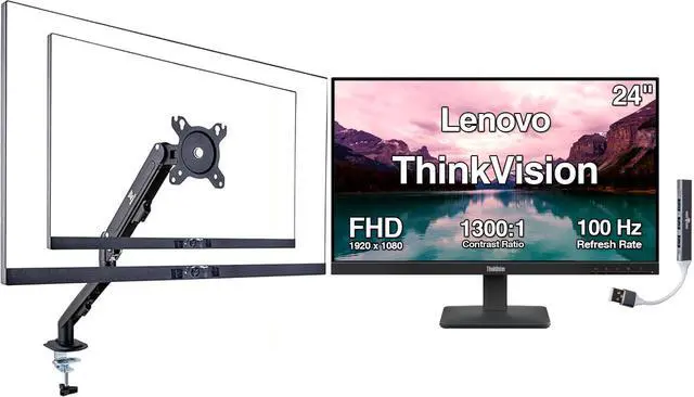 Main image of ThinkVision 24" FHD IPS Monitor w/ 100 Hz Refresh Rate, VESA Mount | 4ms Response Time, Flicker Free, Anti-Glare, HDMI w/ DKZ USB Hub, Black & ErgoFlexy Single Mount Arm