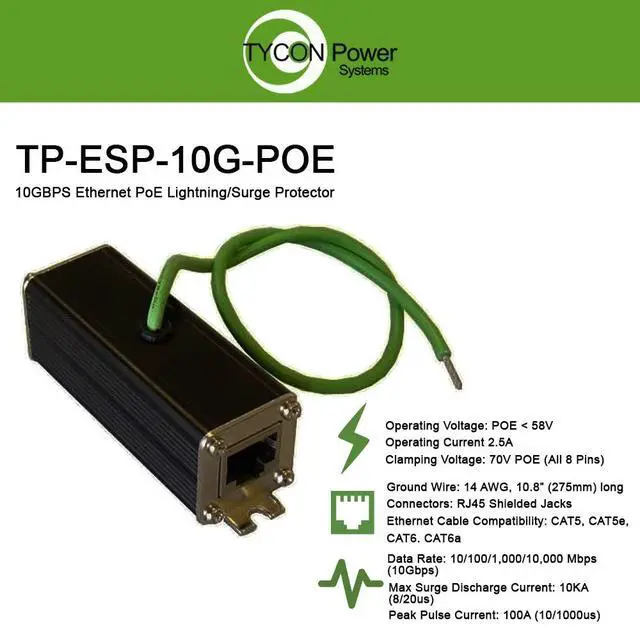 Alt view image 2 of 2 - 10G Ethernet PoE Lightning/Surge Supressor Protector, 70V Clamp Voltage, 10KA Surge, 5ns Response Time, Common/Differential Mode, Shielded, Metal Housing, Industrial Strength, UL497B, IEC61000-4-5
