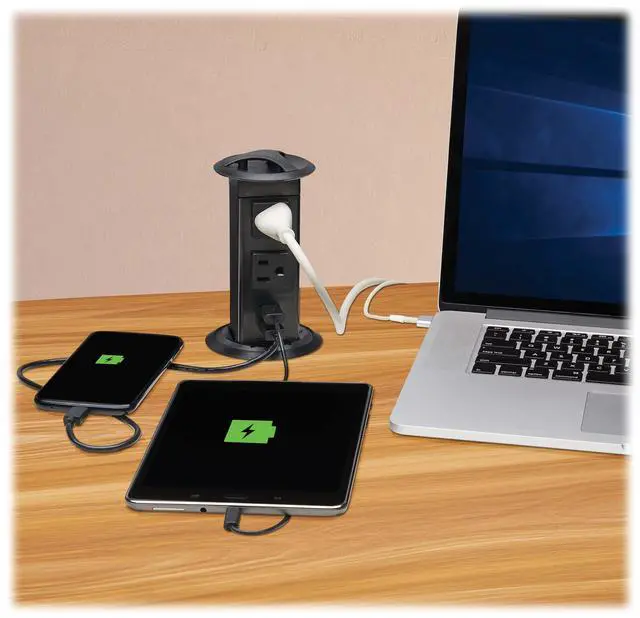 Alt view image 2 of 7 - Safe-IT Pop-Up Desktop Charging & Power Strip Grommet Desk Cord Cable Hole Cover, 2 Standard Outlets + 2 USB-A Charging, 6 Foot Cord, (PS22POPAM)