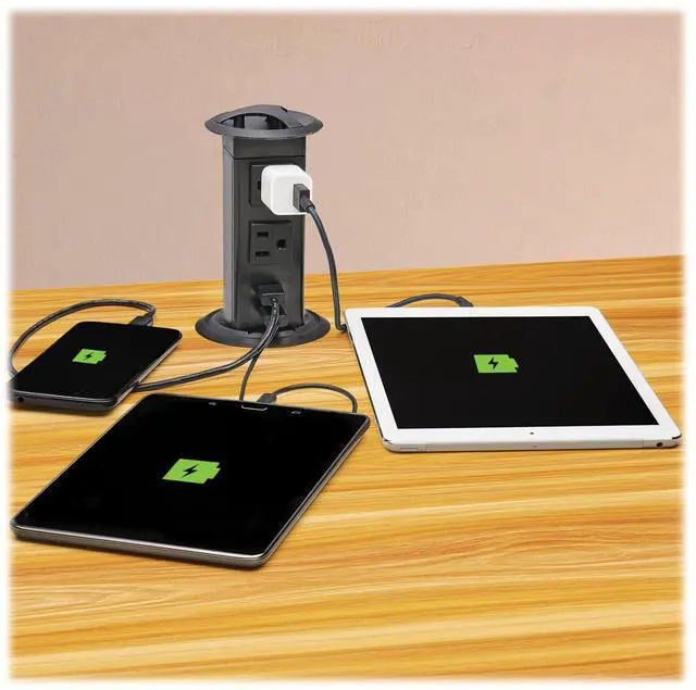 Alt view image 3 of 7 - Safe-IT Pop-Up Desktop Charging & Power Strip Grommet Desk Cord Cable Hole Cover, 2 Standard Outlets + 2 USB-A Charging, 6 Foot Cord, (PS22POPAM)