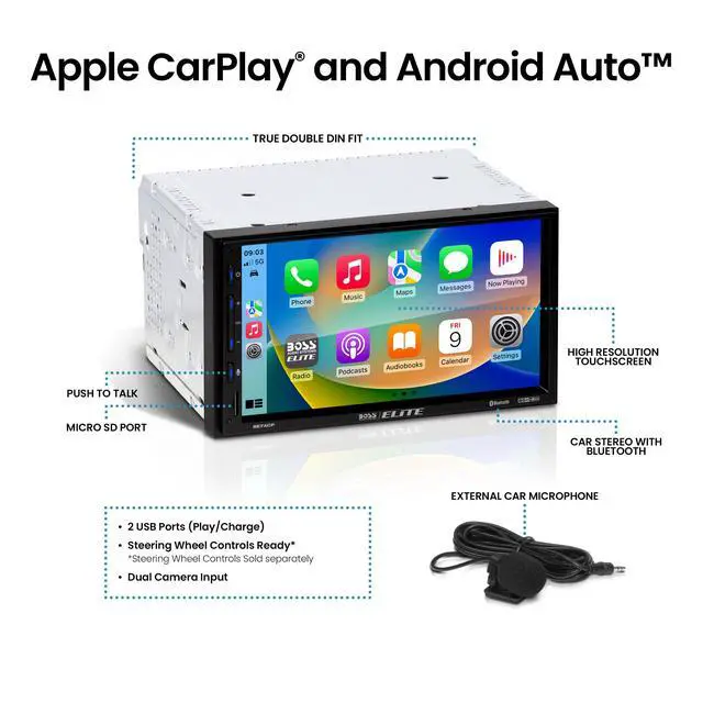 Alt view image 2 of 6 - Elite BE7ACP Car Stereo - 7" Display, Apple CarPlay & Android Auto Head Unit, Double DIN Touch Screen Car Stereo, Bluetooth, AM/FM Radio Receiver, USB, SD, No CD/DVD Player