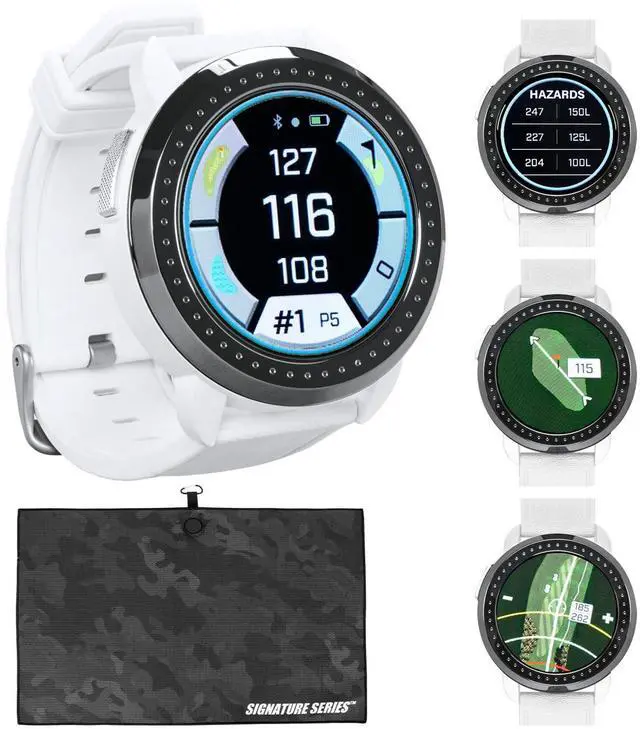 Main image of Bushnell Golf iON Elite GPS Smartwatch (White) | 38,000 Courses, Slope Compensation, Hazard Info, Color Touchscreen, Distance Calculator, Magnet Mount, Scorekeeping | Signature Series Golf Towel