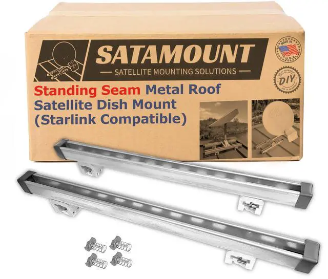 Main image of SataMount Non-Penetrating Starlink Dish Mount Standing-Seam Metal Roof Clamp, Long-Lasting Unistrut Defender Finish