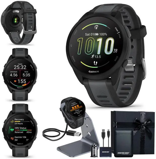Main image of Garmin Forerunner 165 GPS Running Smartwatch, Black/Slate Gray | Advanced Health and Fitness Insights, Sleep Coach, Training Plans, Garmin Pay | Signature Series Watch Stand and Gift Bundle