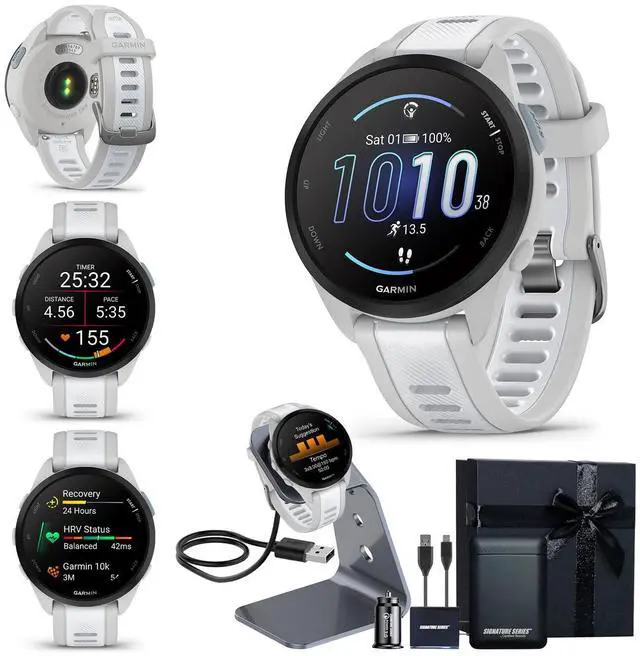 Main image of Garmin Forerunner 165 GPS Running Smartwatch, Mist Gray/Whitestone | Advanced Health and Fitness Insights, Sleep Coach, Training Plans, Garmin Pay | Signature Series Watch Stand and Gift Bundle