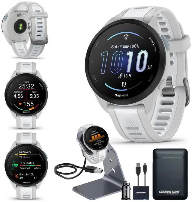 Main image of Garmin Forerunner 165 GPS Running Smartwatch, Mist Gray/Whitestone | Advanced Health and Fitness Insights, Sleep Coach, Training Plans, Garmin Pay | Signature Series Watch Stand and Power Bundle