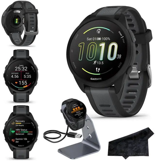 Main image of Garmin Forerunner 165 GPS Running Smartwatch, Black/Slate Gray, Advanced Health and Fitness Insights, Sleep Coach, Training Plans, Garmin Pay, Signature Series Charging Stand Bundle