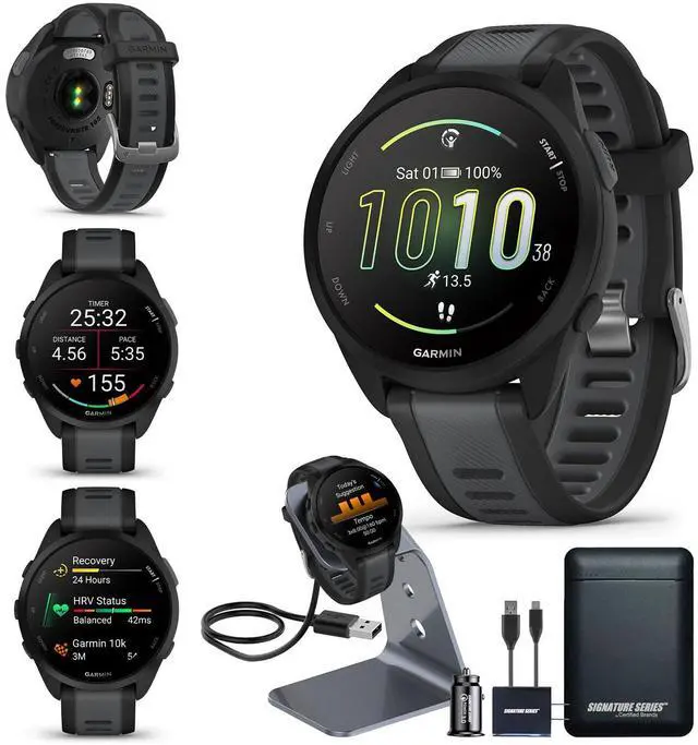 Main image of Garmin Forerunner 165 GPS Running Smartwatch, Black/Slate Gray | Advanced Health and Fitness Insights, Sleep Coach, Training Plans, Garmin Pay | Signature Series Watch Stand and Power Bundle