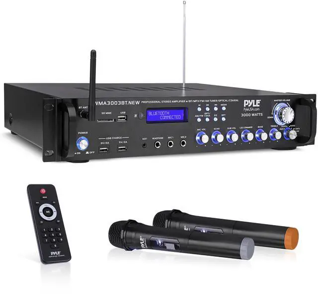 Main image of Bluetooth Home Audio Power Amplifier -4 Ch. 3000W, Stereo Receiver w/Speaker Selector, FM Radio, USB, Headphone, 2 Wireless Mics for Karaoke, Great for Home Entertainment System - PWMA3003BT.NEW