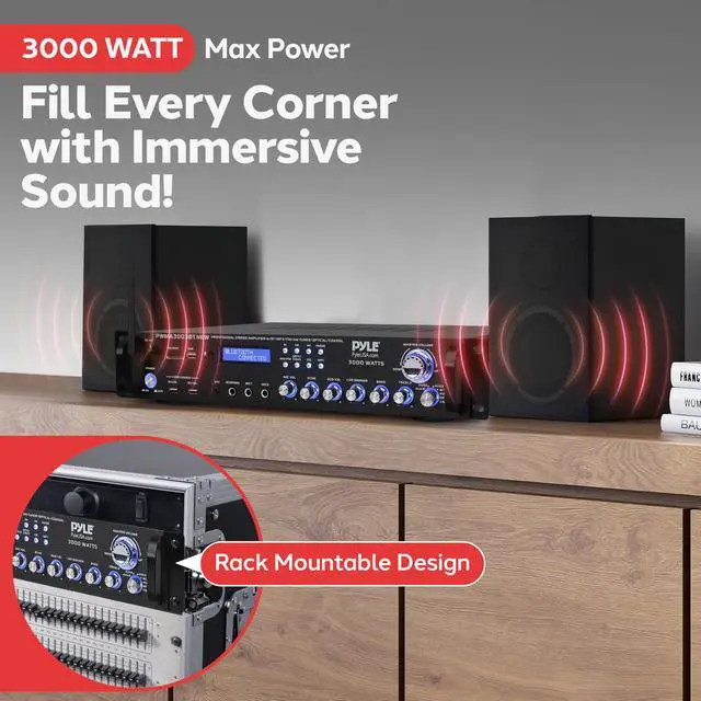 Alt view image 2 of 6 - Bluetooth Home Audio Power Amplifier -4 Ch. 3000W, Stereo Receiver w/Speaker Selector, FM Radio, USB, Headphone, 2 Wireless Mics for Karaoke, Great for Home Entertainment System - PWMA3003BT.NEW