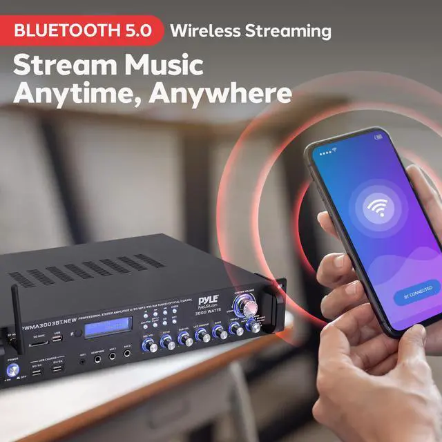 Alt view image 3 of 6 - Bluetooth Home Audio Power Amplifier -4 Ch. 3000W, Stereo Receiver w/Speaker Selector, FM Radio, USB, Headphone, 2 Wireless Mics for Karaoke, Great for Home Entertainment System - PWMA3003BT.NEW