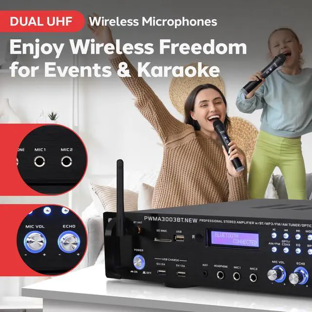 Alt view image 4 of 6 - Bluetooth Home Audio Power Amplifier -4 Ch. 3000W, Stereo Receiver w/Speaker Selector, FM Radio, USB, Headphone, 2 Wireless Mics for Karaoke, Great for Home Entertainment System - PWMA3003BT.NEW