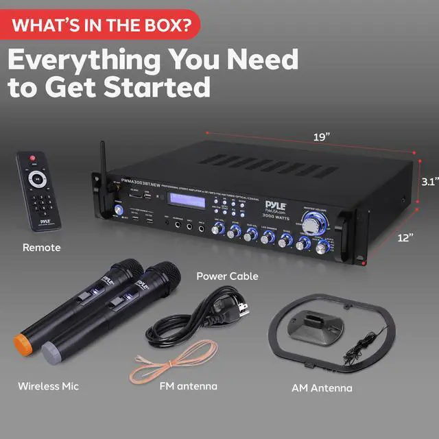 Alt view image 6 of 6 - Bluetooth Home Audio Power Amplifier -4 Ch. 3000W, Stereo Receiver w/Speaker Selector, FM Radio, USB, Headphone, 2 Wireless Mics for Karaoke, Great for Home Entertainment System - PWMA3003BT.NEW