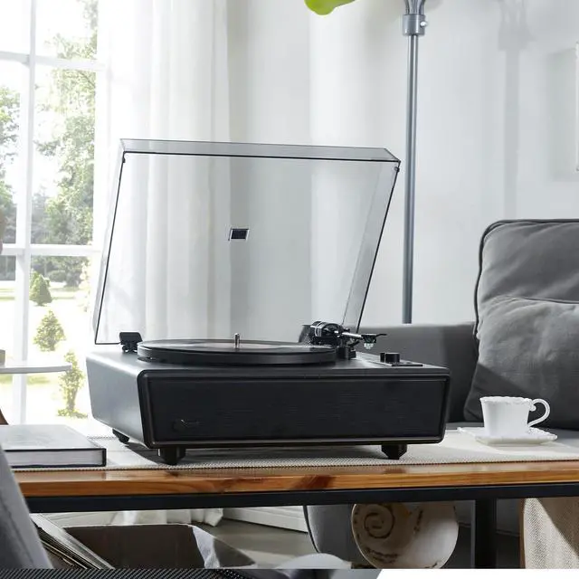 Alt view image 6 of 6 - Huygens High Fidelity Bluetooth Record Player with Built-in Speakers Belt Drive Vinyl Turntable with Moving Magnet Cartridge, Bluetooth Input Output and Aux-in (Huygens Black)