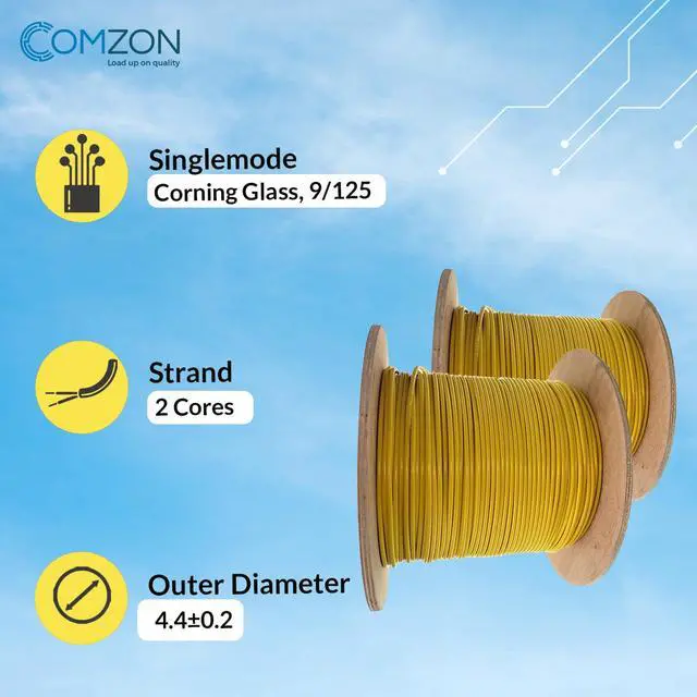 Alt view image 4 of 6 - 2 Strand Fiber Optic Cable Spool Singlemode(OS2), Yellow, 2000ft | 9/125, Indoor, Riser Rated, G652.D, Corning SMF-28, Aramid Yarn