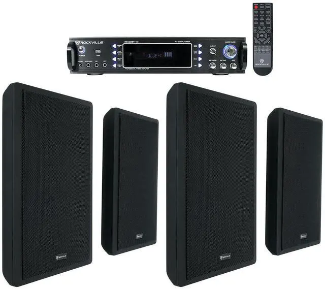 Main image of RPA60BT V2 Commercial Bluetooth Receiver with 4 Wall Speakers | 1000W Peak / 250W RMS, Bluetooth, Optical/Coaxial/RCA Inputs, 2 Mic Inputs, 4 Black 5.25" Speakers, Restaurant Use, 5-Items