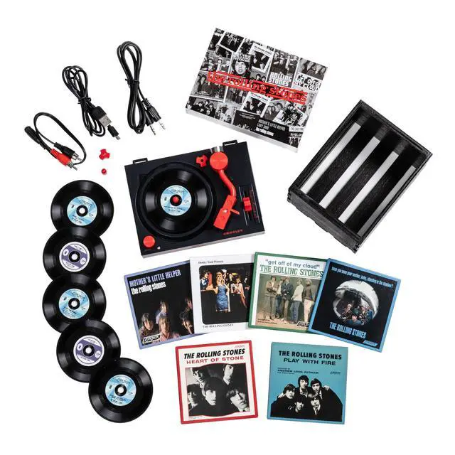 Main image of CR6037BT-RS Rolling Stones RSD3 Mini Record Player & Crate, Black | Plays 3" records, ATN3600L Audio-Technica Cartridge, Bluetooth Out, Clear Dust Cover with Rolling Stones Artwork