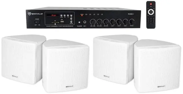 Main image of RCS80-1 60W 70v Restaurant Amplifier Bundle with 2 Cube Speakers | Bluetooth, USB/SD, FM, 2 Mic Inputs, 3.5" White Swivel Wall Mount, 6W/3W/1.5W Taps, Commercial Audio, 3-Items