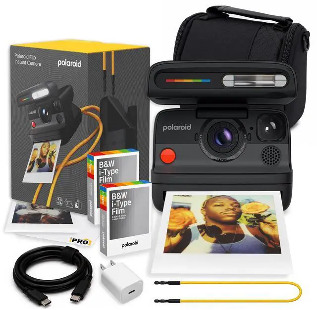 Main image of Flip Instant Camera in Black w 4Lens System + 16 B&W Film Bundle | Instant Camera for Travel, Parties & Creative Photography, Sonar Autofocus, Compatible with i-Type & 600 Film