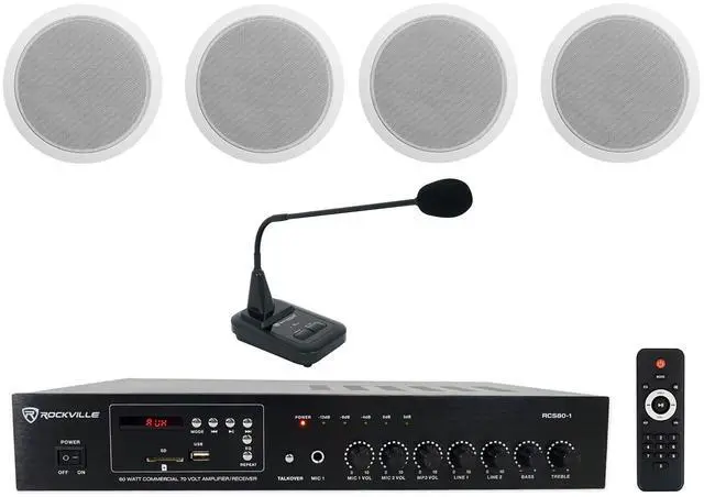 Main image of RCS80-1 60W 70V Restaurant Amp Bundle with 4 Ceiling Speakers | Bluetooth/USB/SD/FM, 2 Mic Inputs, CH-MIC70 Paging Microphone with Chimes, 4 CCL6T White 6" Speakers, Office, 6-Items