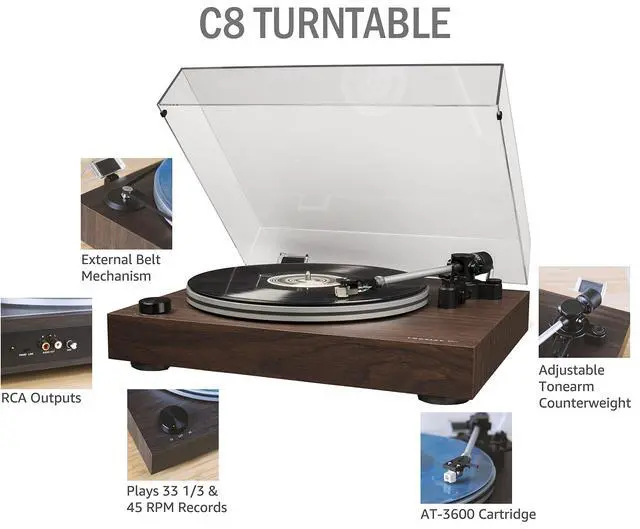 Alt view image 2 of 6 - C8A-WA Record Player, Walnut | 2-Speed Turntable, ATN3600L Audio-Technica Cartridge, Removable Headshell, Aluminum Platter, Aluminum Tonearm