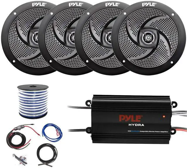 Main image of Marine 4-Channel Bluetooth Waterproof Amplifier Bundle Combo with 4X 6.5 Waterproof Weather Resistant 240W Peak Black Audio Speakers, Amp Install Kit, 18-G 50 Ft Speaker Wire