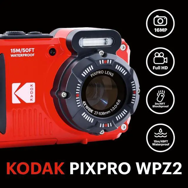 Alt view image 5 of 7 - Kodak PIXPRO WPZ2 Waterproof, Shockproof & Dustproof Camera (Red) 16MP 4X Optical Zoom, Full HD Video + 32GB Memory Card, Camera Case & Microfiber Cloth