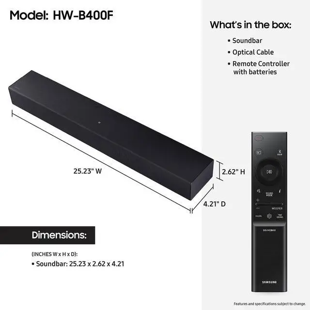 Alt view image 6 of 7 - B-Series Soundbar HW-B400F 2.0ch Soundbar with Built-in Subwoofer for Apartment Home Theaters Voice Enhance Mode for Clear Dialogue, Bluetooth Wireless Streaming