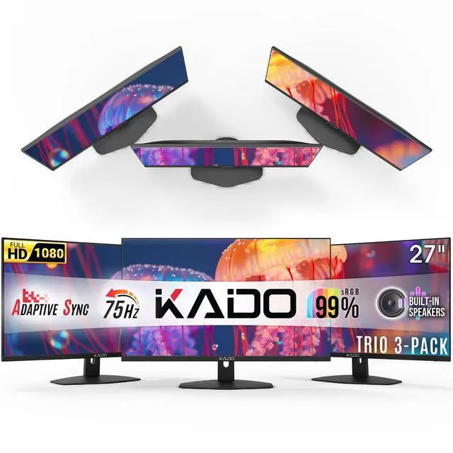 Main image of Triple Monitor 3-Pack 27" 1920x1080 75Hz FHD Computer Monitor Trio | HDMI Office Gaming Hybrid Desk Setup, VESA Wall Mount Arm Mount Built-in Speakers, Panoramic Display Multi-tasking