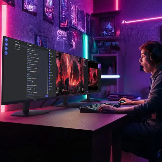 Alt view image 5 of 7 - Triple Monitor 3-Pack 27" 1920x1080 75Hz FHD Computer Monitor Trio | HDMI Office Gaming Hybrid Desk Setup, VESA Wall Mount Arm Mount Built-in Speakers, Panoramic Display Multi-tasking