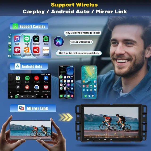Alt view image 6 of 7 - 4G+64G 8" Double Din Car Stereo for Chevy Silverado 1500HD 2500HD 3500HD 2007-2013 with Wireless CarPlay Android Auto, Android 14 Touchscreen Car Radio with Bluetooth GPS WiFi FM RDS SWC BT Camera