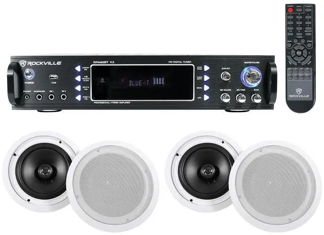 Main image of RPA60BT V2 Home Theater Receiver with 4 HC85 Ceiling Speakers | 1000W Peak / 250W RMS, Bluetooth, Optical/Coaxial/RCA, 4 White 8" HC85 Speakers, 700W Peak / 240W RMS per Pair, 5-Items