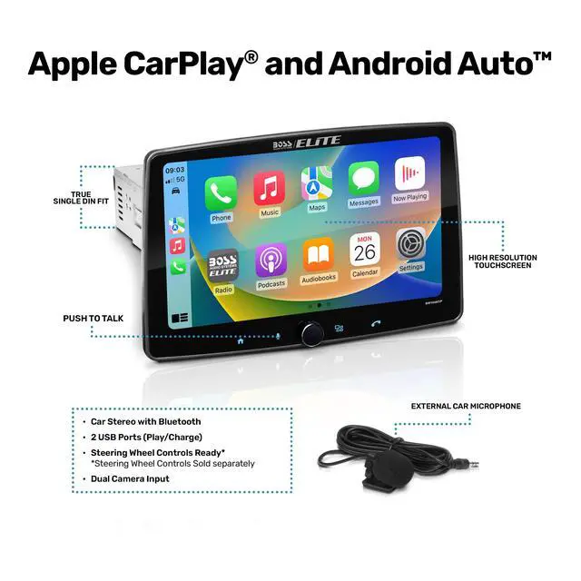 Alt view image 2 of 7 - Elite BE10ACP Car Stereo - Detachable 10.1" Touch Screen Car Stereo Apple CarPlay & Android Auto Head Unit, Single DIN with Double DIN Brackets, Bluetooth, No CD/DVD Player
