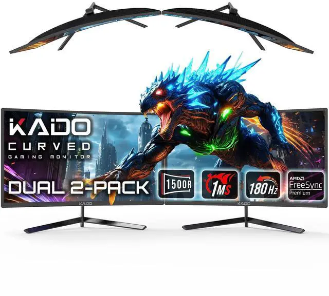 Main image of Dual 2-Pack 24" Curved 1500R 180Hz 1ms 1920x1080 Gaming Office Monitor | AMD FreeSync Premium DisplayPort HDMI, Panoramic Gaming Multi-View Split Screen Streaming, VESA Mount Built-in Speakers