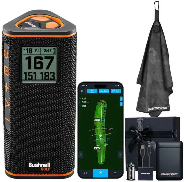 Main image of Bushnell Golf Wingman View GPS Speaker | LCD Screen, Magnetic Mount, Music & Audible Distances for 36,000+ Courses, Wireless Remote, 36-Hole Battery, Hazard Info, Signature Series Gift Bundle
