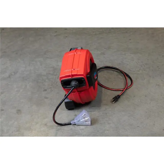 Alt view image 7 of 7 - 91039 60' Tri-tap Electric Power Cord Reel, 12/3 SJTOW, Grease, Oil and Weather Resistant, Magnetic Brake, Auto-guide Rewind Mechanism, Overload Protection, Power Indicator Lights, Red/Black