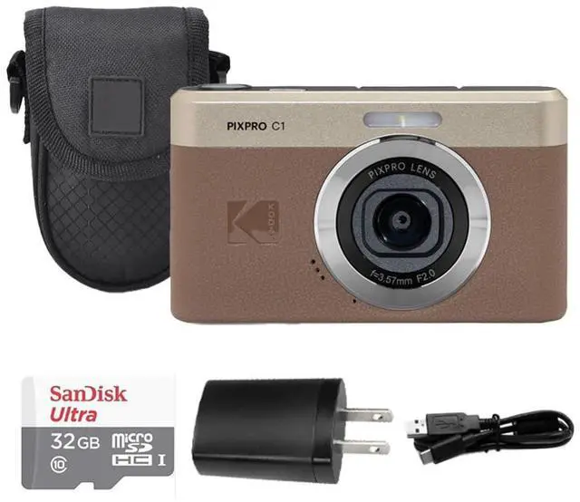 Main image of Kodak PIXPRO C1 Digital Camera, 13MP Compact Point & Shoot, 2.8 180° Flip LCD Screen, 26mm Wide Angle Lens, 4X Digital Zoom, 1080P Full HD Video, Brown + Camera Case & 32GB Micro SD Card